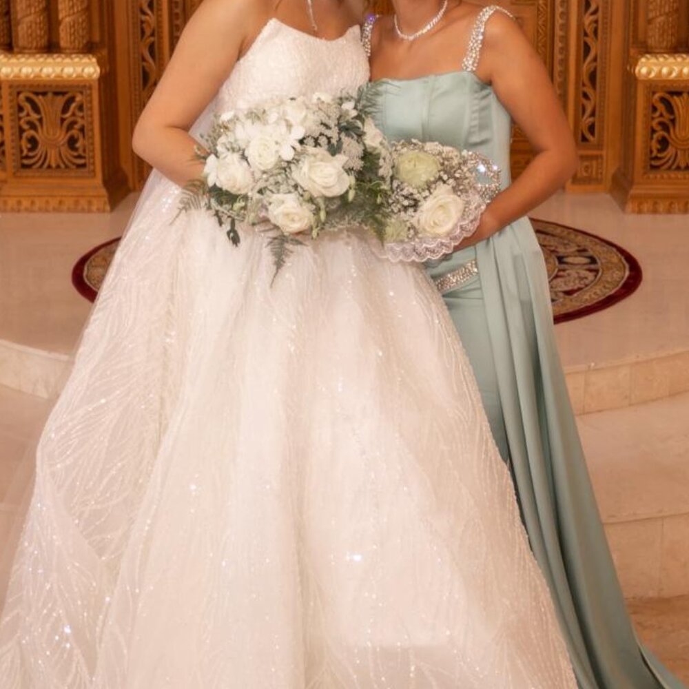 Custom Satin Sage Green Gown with side train